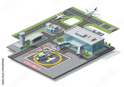 Isometric airport and helipad complex with airplanes and helicopter, showcasing air travel infrastructure