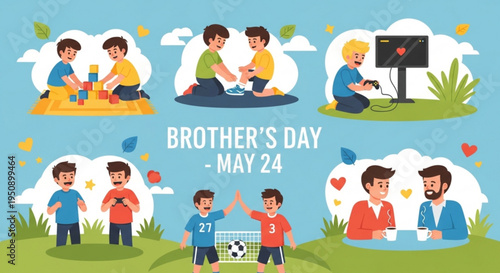 Brother's day celebration on may 24 cartoon boys playing together happy sibling bond friendship and love concept