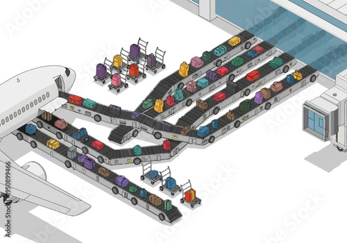 Airport baggage handling system with luggage on conveyor belts connected to airplane