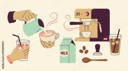 Coffee preparation set with various drinks and barista tools illustration
