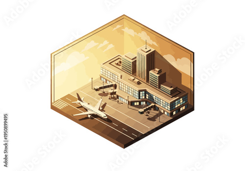 Isometric view of a modern airport terminal with a jet airplane parked at the gate under a bright sky