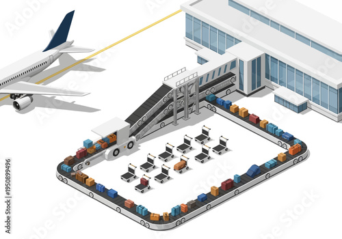 Airport baggage handling system with conveyor belts and luggage carts near airplane
