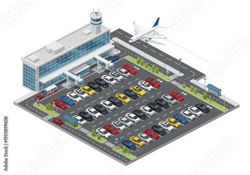 Aerial view of a modern airport terminal with a busy parking lot and a passenger jet on the tarmac