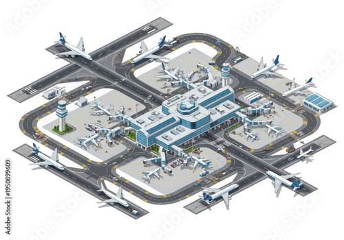 Isometric airport terminal with airplanes and control tower, illustrating global travel and aviation industry