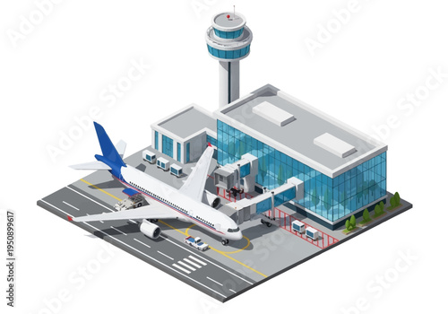 Modern airport terminal with passenger jet airplane connected to jet bridge and control tower in isometric view