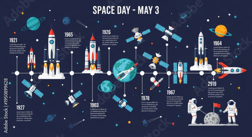 Space day timeline infographic with rockets and astronauts in space
