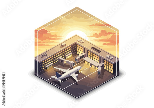 Isometric view of an airport at sunset with a plane on the tarmac and surrounding buildings