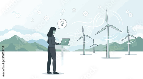 Businesswoman with laptop analyzing renewable energy data in wind farm landscape