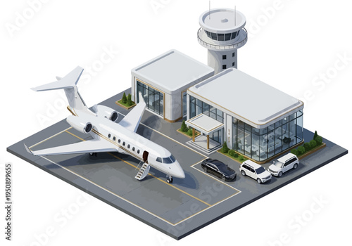 Private jet airport terminal with luxury aircraft and chauffeur vehicles