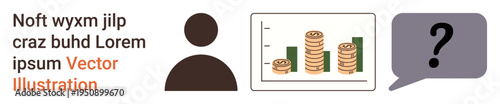 Business planning, financial analysis, economic growth, decision-making, investments, monetary concepts. Person icon, stacked coins bar graph speech bubble with question mark. Financial analysis