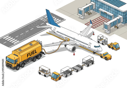 Airport refueling operations aircraft being serviced by fuel truck and ground support vehicles