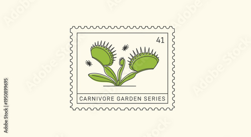 Vector illustration of a Venus flytrap plant on a garden series stamp