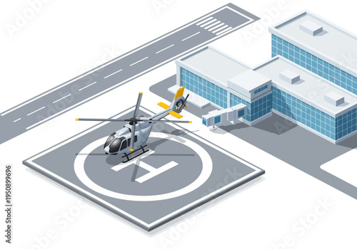 Modern helicopter landing pad outside a contemporary building, illustrating aviation and transport services