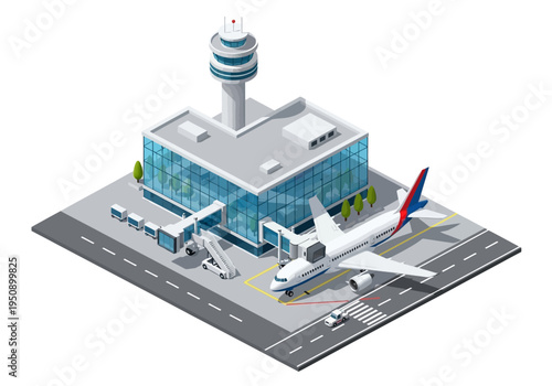 Modern airport terminal building with a passenger airplane on the tarmac, ready for departure