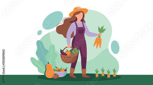 Happy woman farmer harvesting fresh organic vegetables in her garden