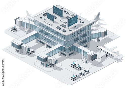 Modern airport terminal with planes and jet bridges in isometric view