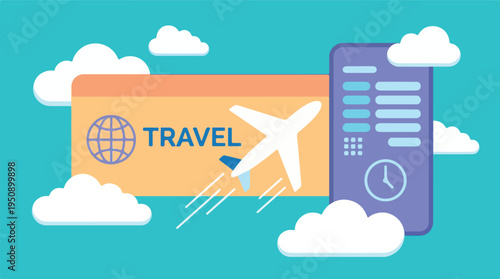 Digital travel booking concept with airplane, globe, and smartphone app