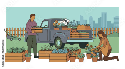 Urban gardening: Man and woman tending to organic vegetables and flowers
