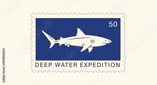 Vector shark stamp, deep water expedition, ocean creature icon