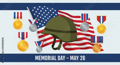 Memorial day graphic with american flag military helmet and medals honoring us veterans on may 26