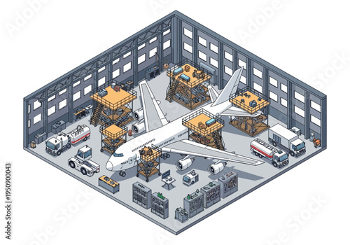 Airplane maintenance and repair in a large industrial hangar with service vehicles and equipment