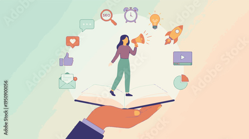 Digital Marketing and Content Strategy: Woman with Megaphone on Book