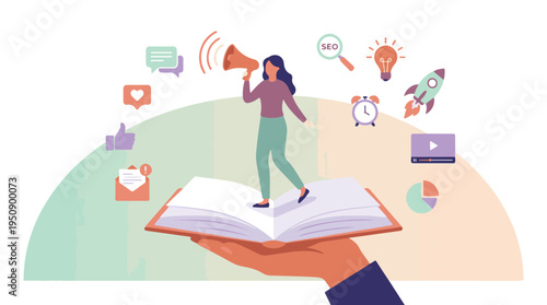 Woman with megaphone promoting online business from open book, marketing icons