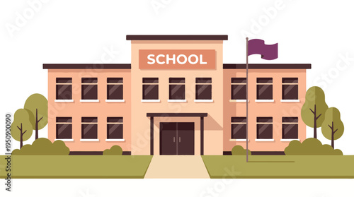 Flat design school building exterior with flag, trees, and green lawn