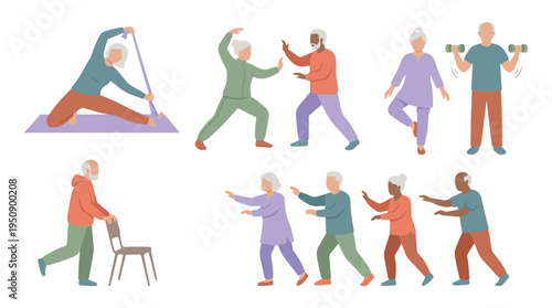 Seniors engaged in various fitness activities like yoga, Tai Chi, and strength.