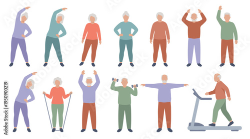 Active senior adults doing various exercises and physical activities