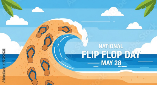 National flip flop day celebration on a sunny beach with a wave and flip flops