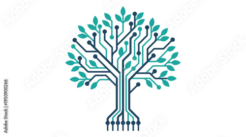 Eco-friendly technology concept: circuit board tree with green leaves