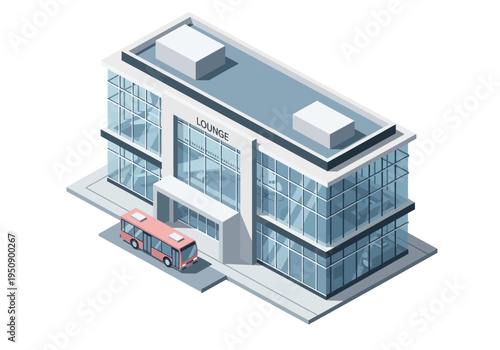 Modern glass building with a bus outside, architectural design illustration