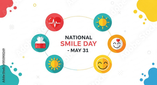 National smile day may 31 colorful icons and symbols on white background with smiley faces