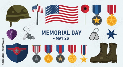 Memorial day usa patriotic symbols and military icons on gray background