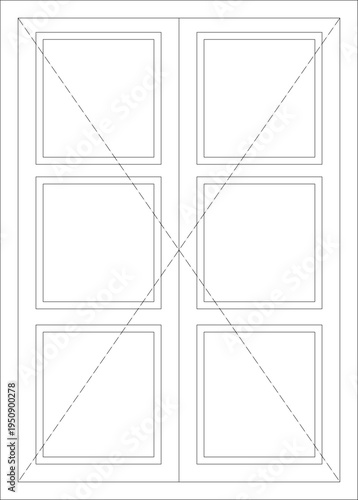 Technical architectural elevation drawing showing double door design with six rectangular panels and diagonal cross-bracing or measurement lines.