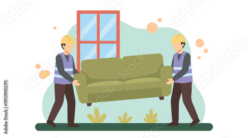 Two professional movers carrying a green sofa, furniture relocation service