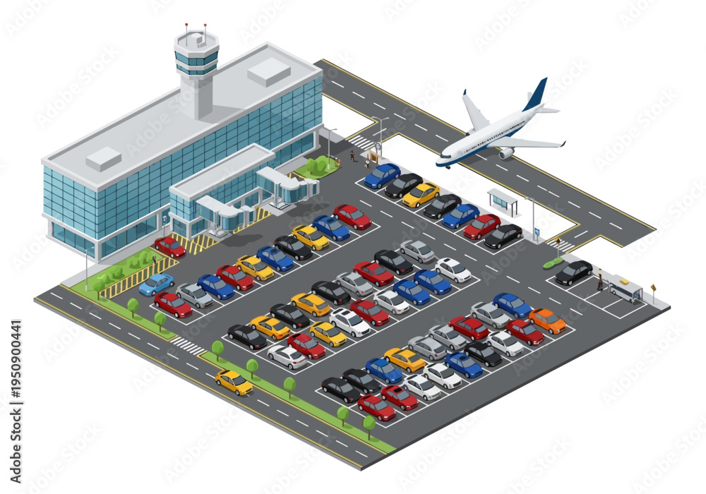 Obraz premium Modern airport parking lot with cars and airplane, illustrating travel and transportation services