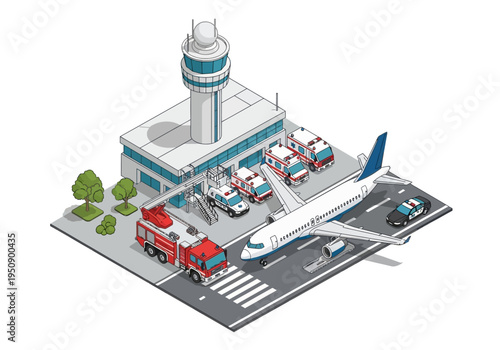 Airport emergency vehicles and airplane at the terminal, ready for service