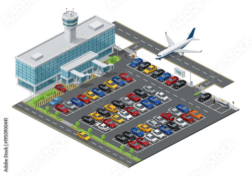 Modern airport parking lot with cars and airplane, illustrating travel and transportation services