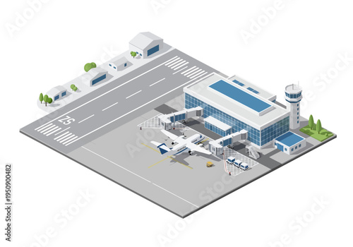 Isometric view of an airport with an airplane docked at a jet bridge, terminal, and control tower