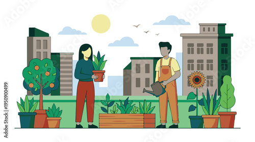 Urban gardening, people planting and watering plants in a city garden