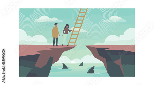 Couple using ladder to cross dangerous chasm, concept of overcoming challenges