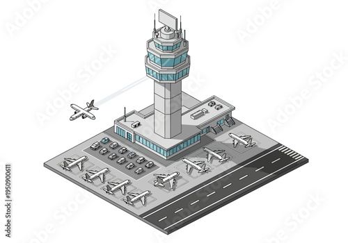 Isometric airport control tower with planes on tarmac and runway