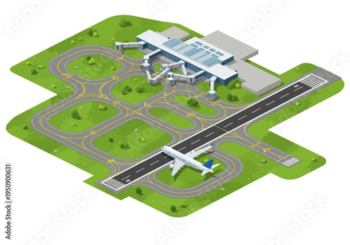 Isometric airport with airplane on runway and air traffic control tower, modern transportation hub illustration