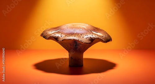 mushroom with brown cap and stem on orange background with spotlight