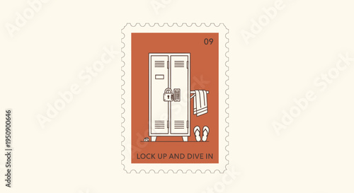 Vector illustration of a locker room with diving gear, orange background