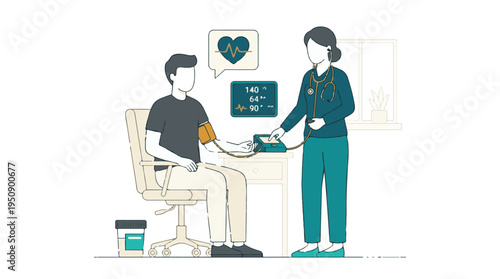Medical professional measures male patient's blood pressure during check-up