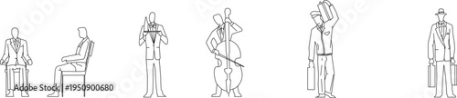 Technical architectural elevation drawing showing human figures in various poses including sitting, standing, playing cello, and carrying luggage for scale reference