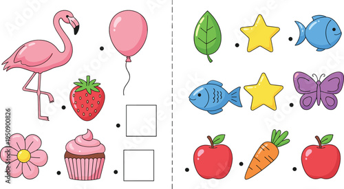 Kids Matching Game Worksheet with Flamingo, Strawberry, Fish, Butterfly, Apple and Carrot for Preschool Learning and Educational Activity Vector Illustration